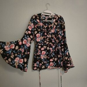 Boho Floral Wrap Top with Bell Sleeves